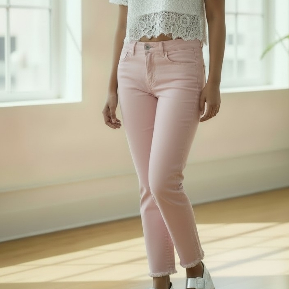 NWT Lilly Pulitzer Pink High Rise Cigarette Jeans Double Row Fringed Hem